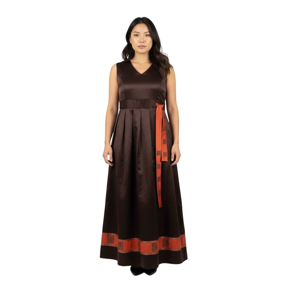 Traditional Brown Satin Asian Inspired Maxi Dress Orange Embroidered‎ Sleeveless